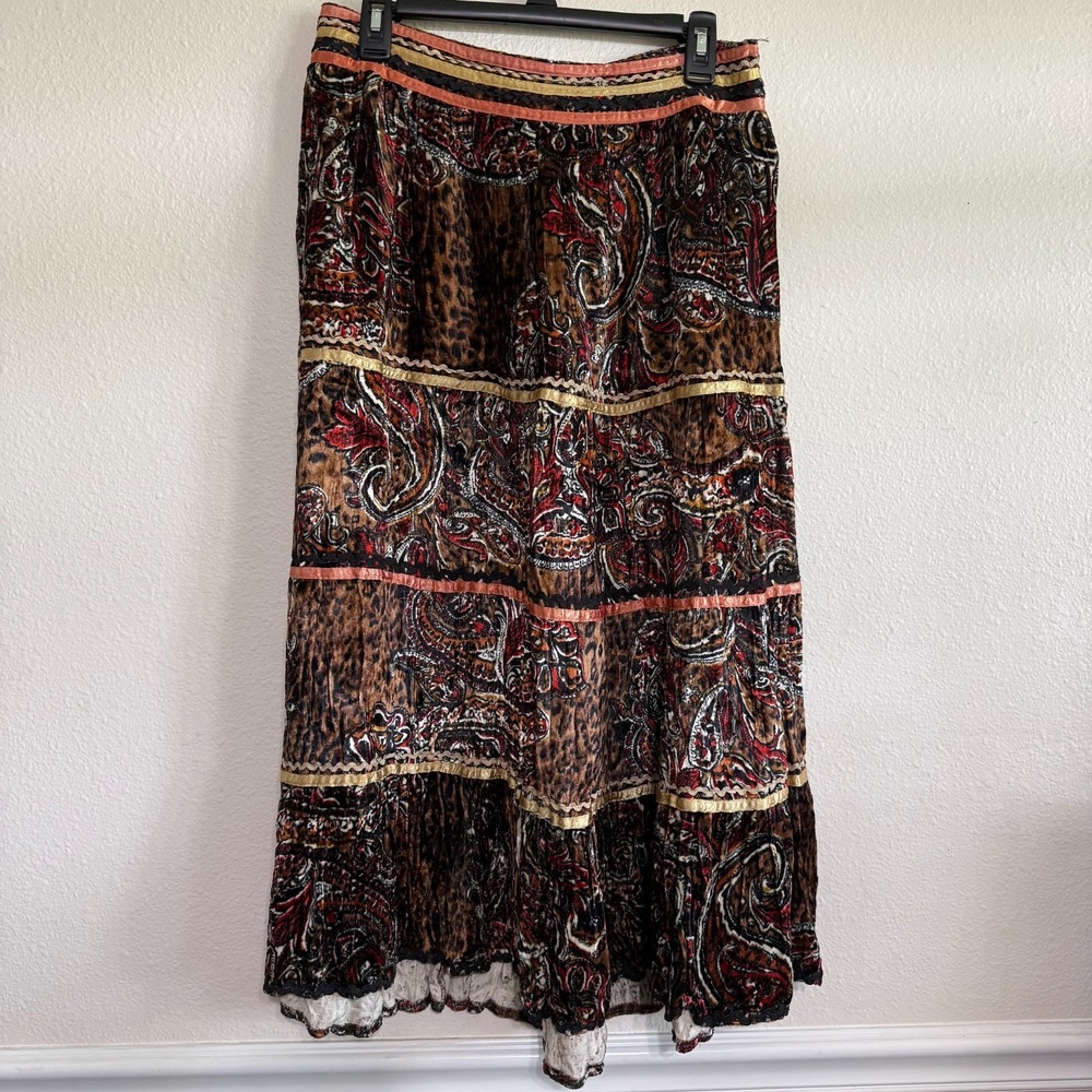 Chaudry KC Maxi Skirt Women's Large Brown Paisley‎ Velvet Boho Hippie Brown Tier